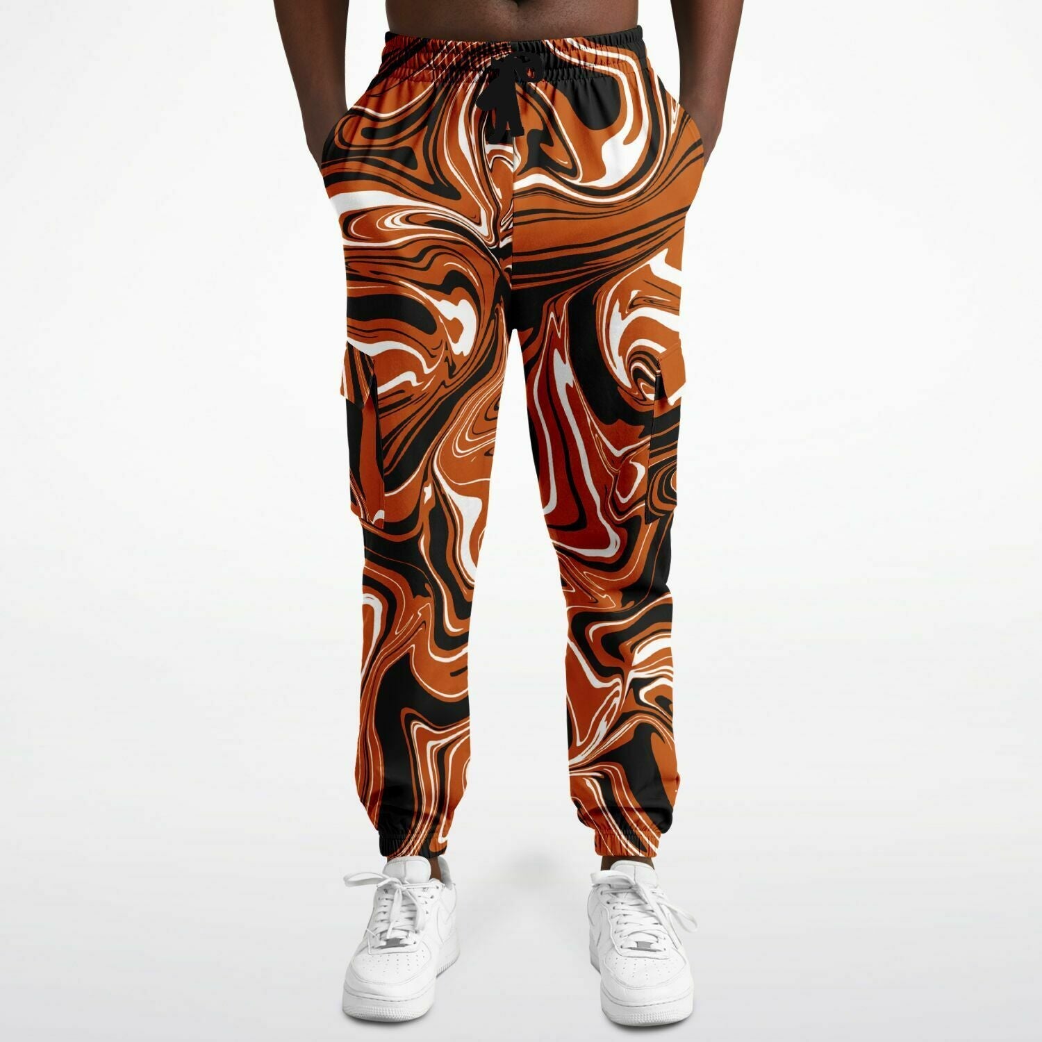 Burnt Orange, Black and White Abstract Melt Unisex Cargo Joggers (Fleece Lined)