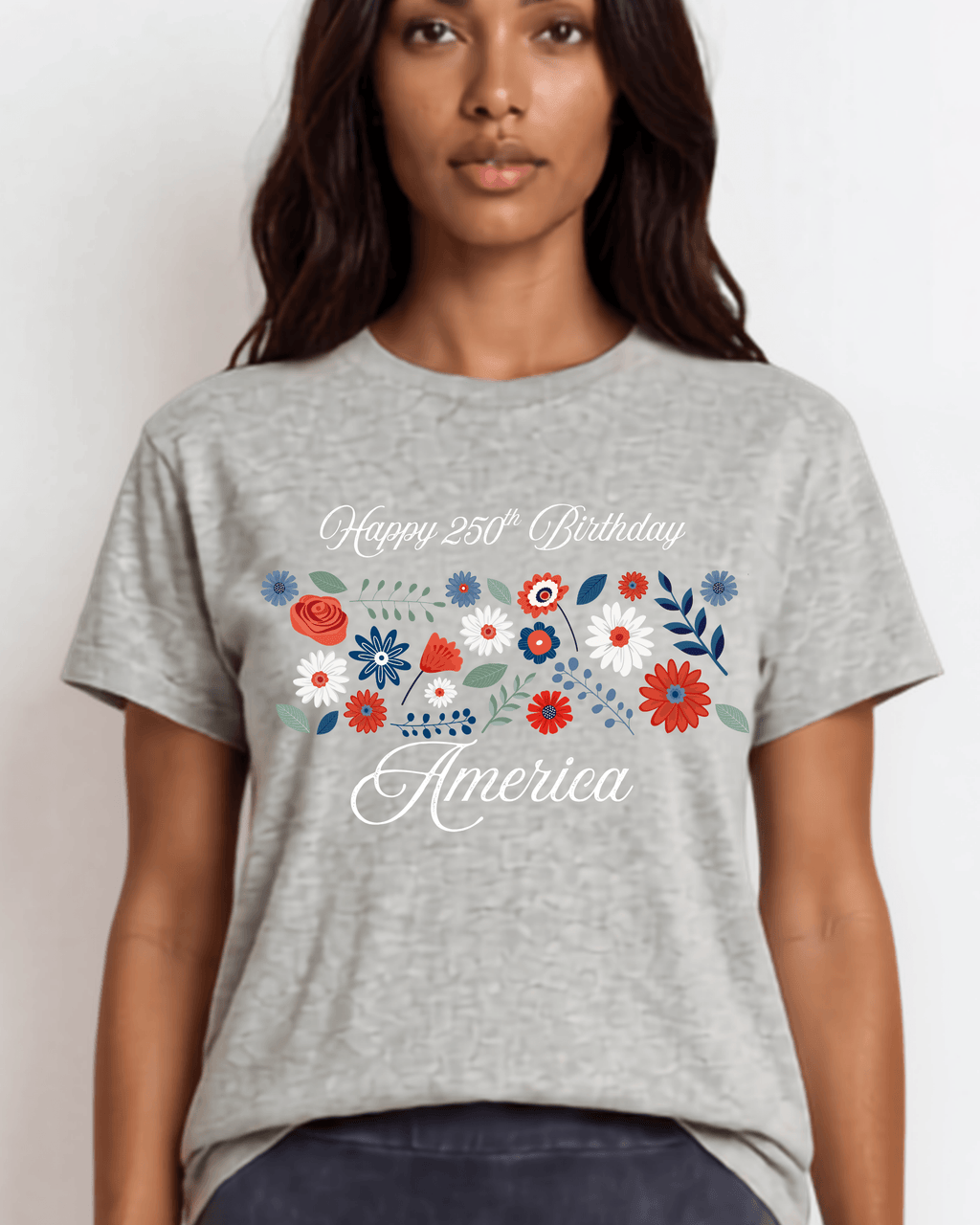 Happy 250th Birthday America Floral Graphic Tee | Women's Heather Gray | Made in USA