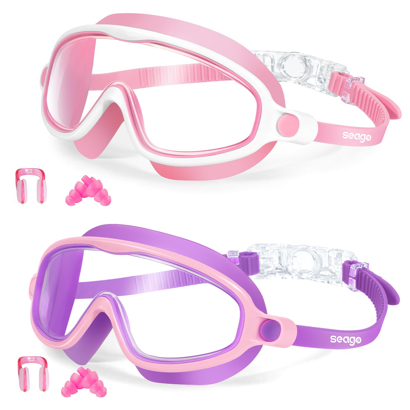 Seago Swim Goggles 2 Pack Anti-Fog Anti-UV Wide View Swimming Goggles for Kids 3-14