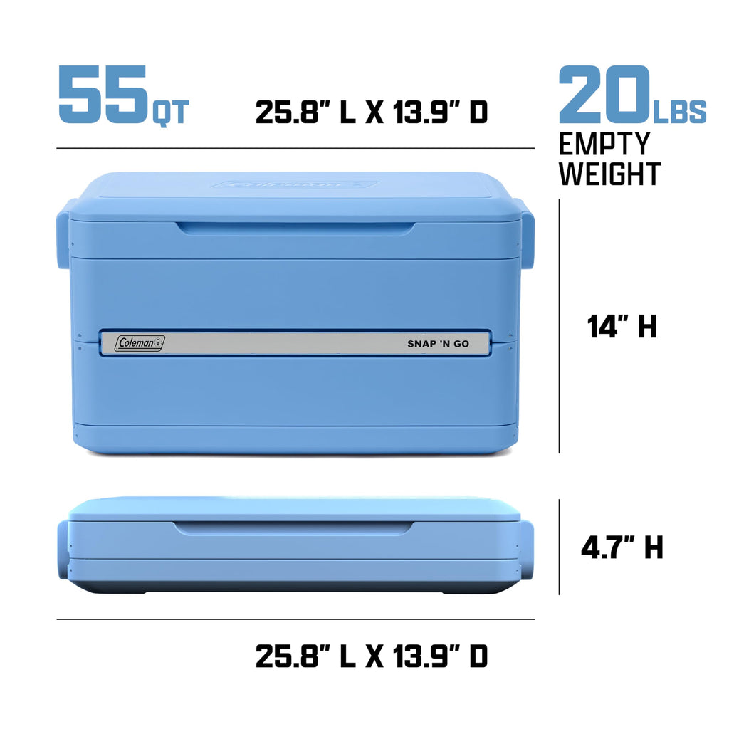 Coleman Snap N Go 45qt Collapsible Hard Cooler, Keeps ice Cold for up to 55 Hours, Holds up to 76 cans, Collapses up to 1/3 its Size, Can Hold up to 200 pounds, Blue Sky