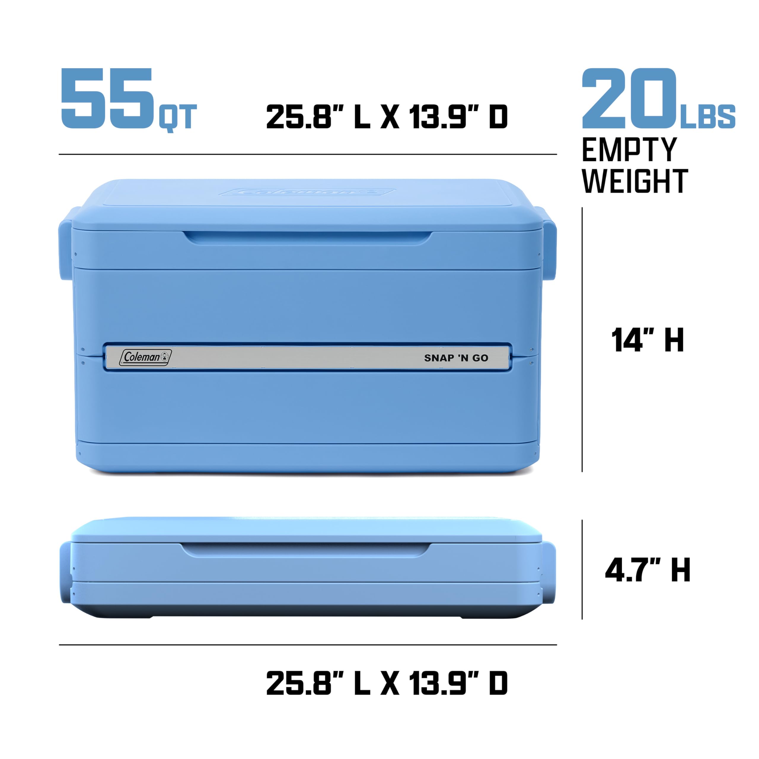 Coleman Snap N Go 45qt Collapsible Hard Cooler, Keeps ice Cold for up to 55 Hours, Holds up to 76 cans, Collapses up to 1/3 its Size, Can Hold up to 200 pounds, Blue Sky