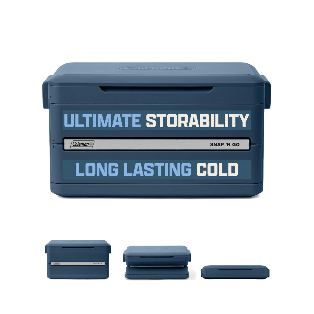 Coleman Snap N Go 45qt Collapsible Hard Cooler, Keeps ice Cold for up to 55 Hours, Holds up to 76 cans, Collapses up to 1/3 its Size, Can Hold up to 200 pounds, Blue Sky
