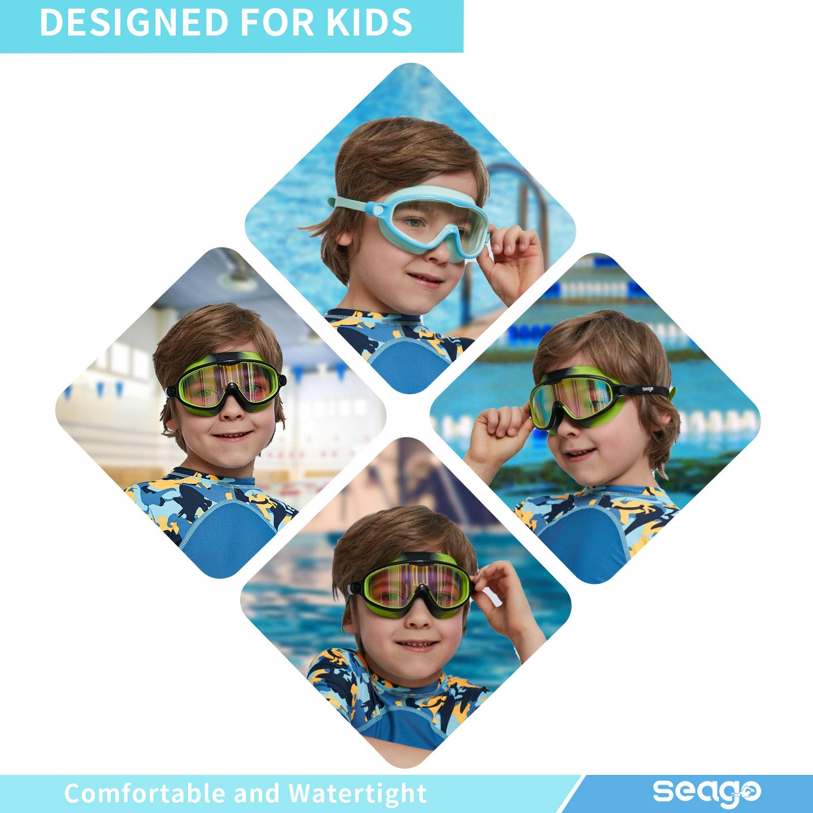 Seago Swim Goggles 2 Pack Anti-Fog Anti-UV Wide View Swimming Goggles for Kids 3-14