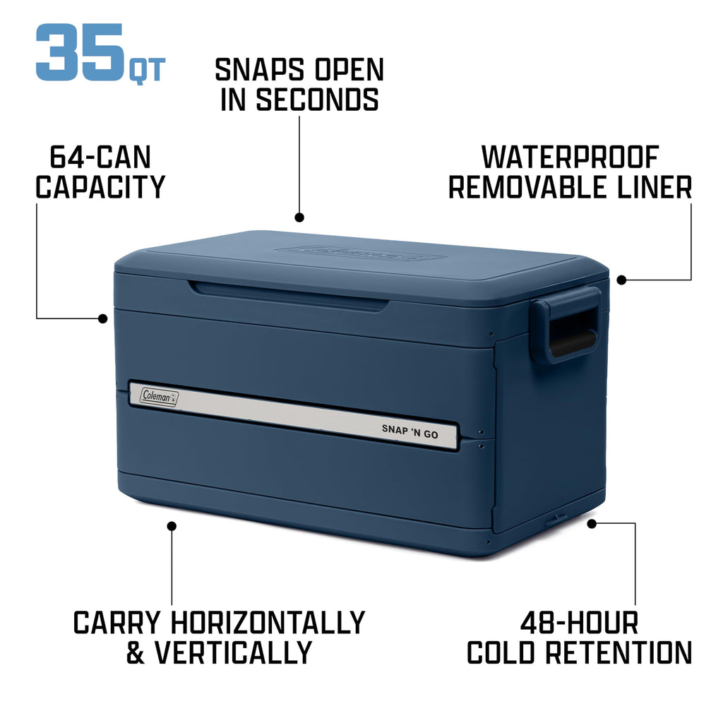 Coleman Snap N Go 45qt Collapsible Hard Cooler, Keeps ice Cold for up to 55 Hours, Holds up to 76 cans, Collapses up to 1/3 its Size, Can Hold up to 200 pounds, Blue Sky