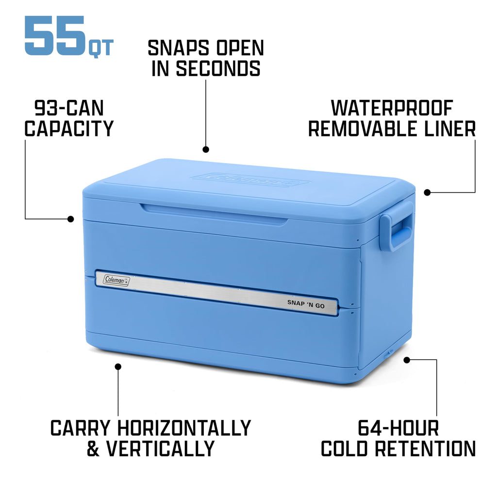 Coleman Snap N Go 45qt Collapsible Hard Cooler, Keeps ice Cold for up to 55 Hours, Holds up to 76 cans, Collapses up to 1/3 its Size, Can Hold up to 200 pounds, Blue Sky