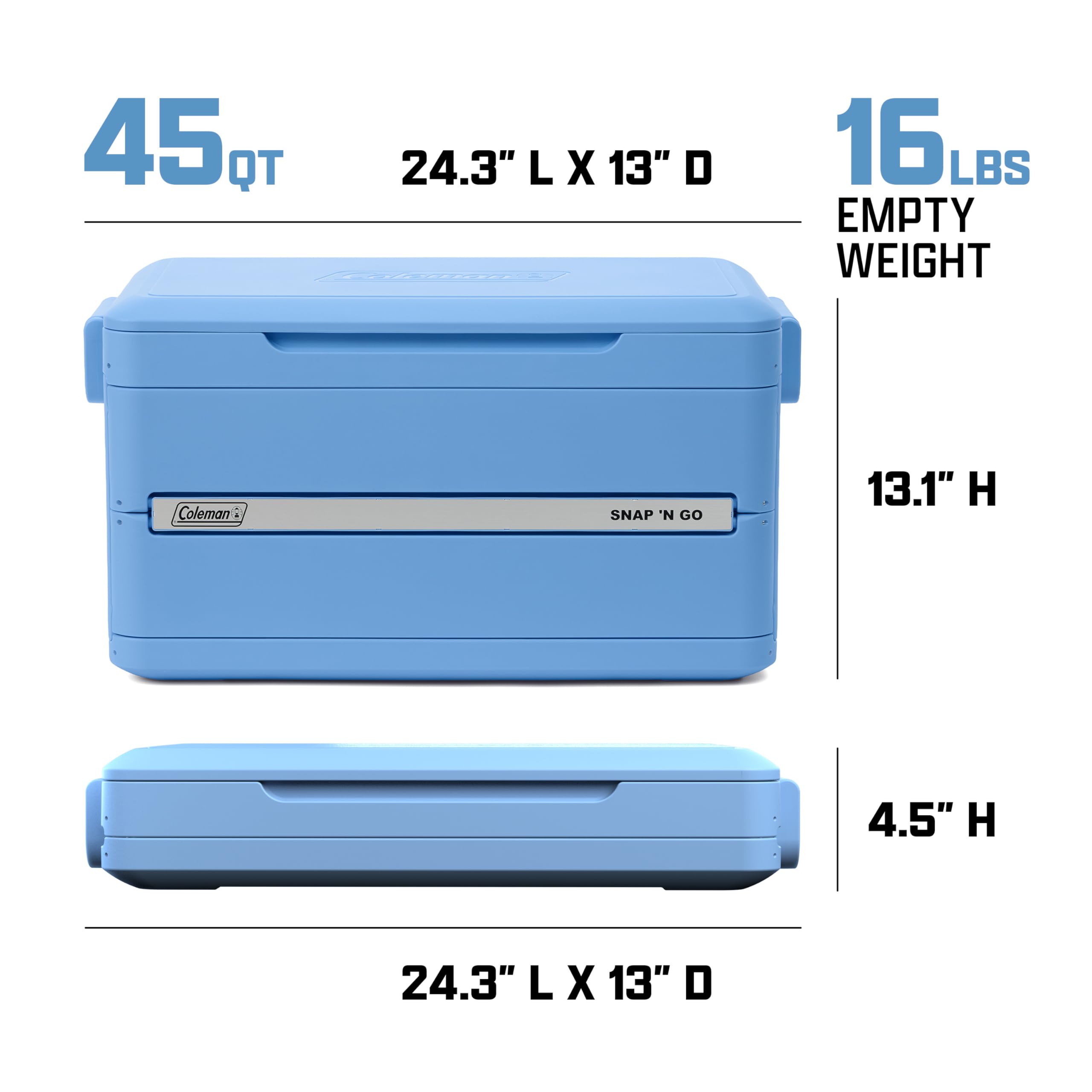 Coleman Snap N Go 45qt Collapsible Hard Cooler, Keeps ice Cold for up to 55 Hours, Holds up to 76 cans, Collapses up to 1/3 its Size, Can Hold up to 200 pounds, Blue Sky