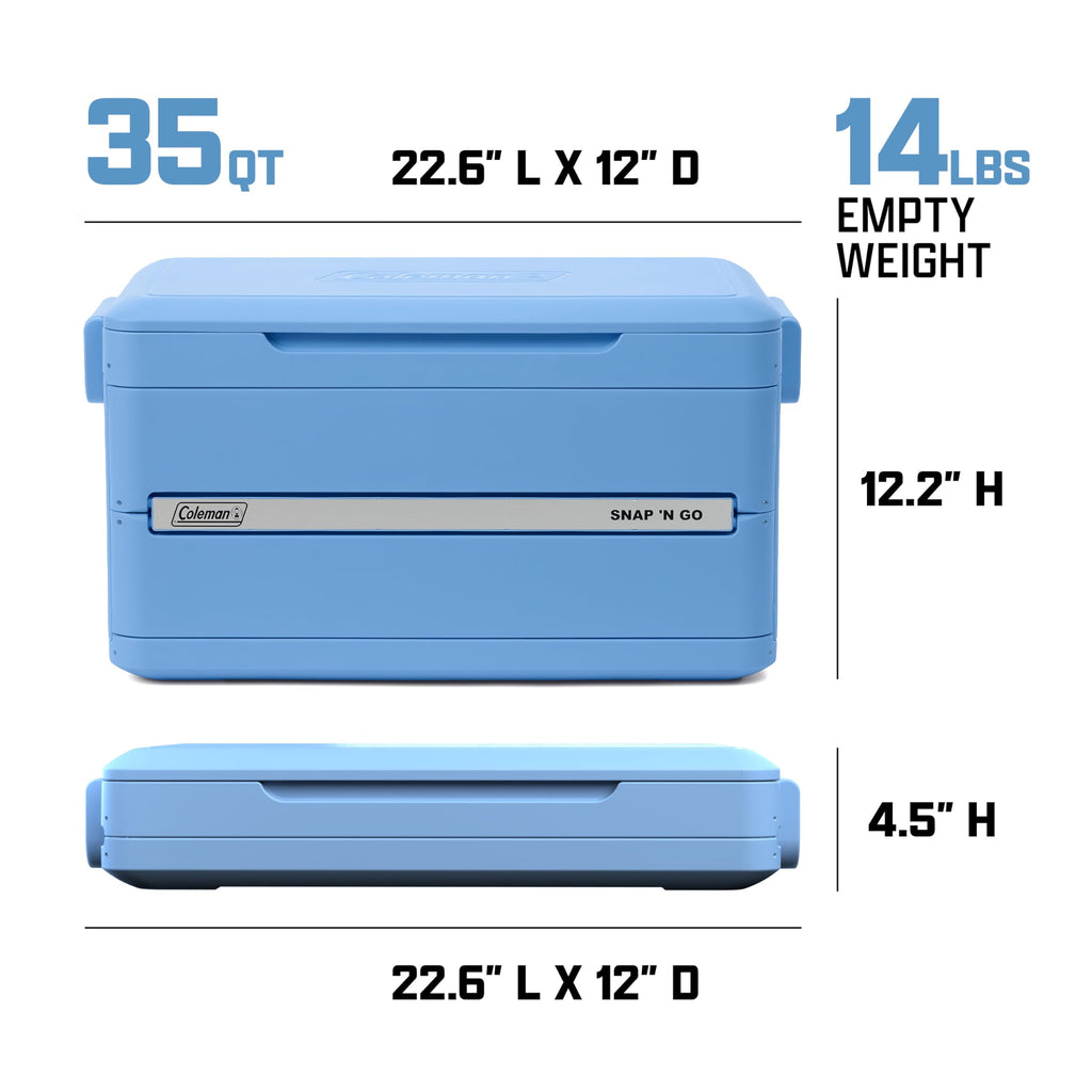 Coleman Snap N Go 45qt Collapsible Hard Cooler, Keeps ice Cold for up to 55 Hours, Holds up to 76 cans, Collapses up to 1/3 its Size, Can Hold up to 200 pounds, Blue Sky