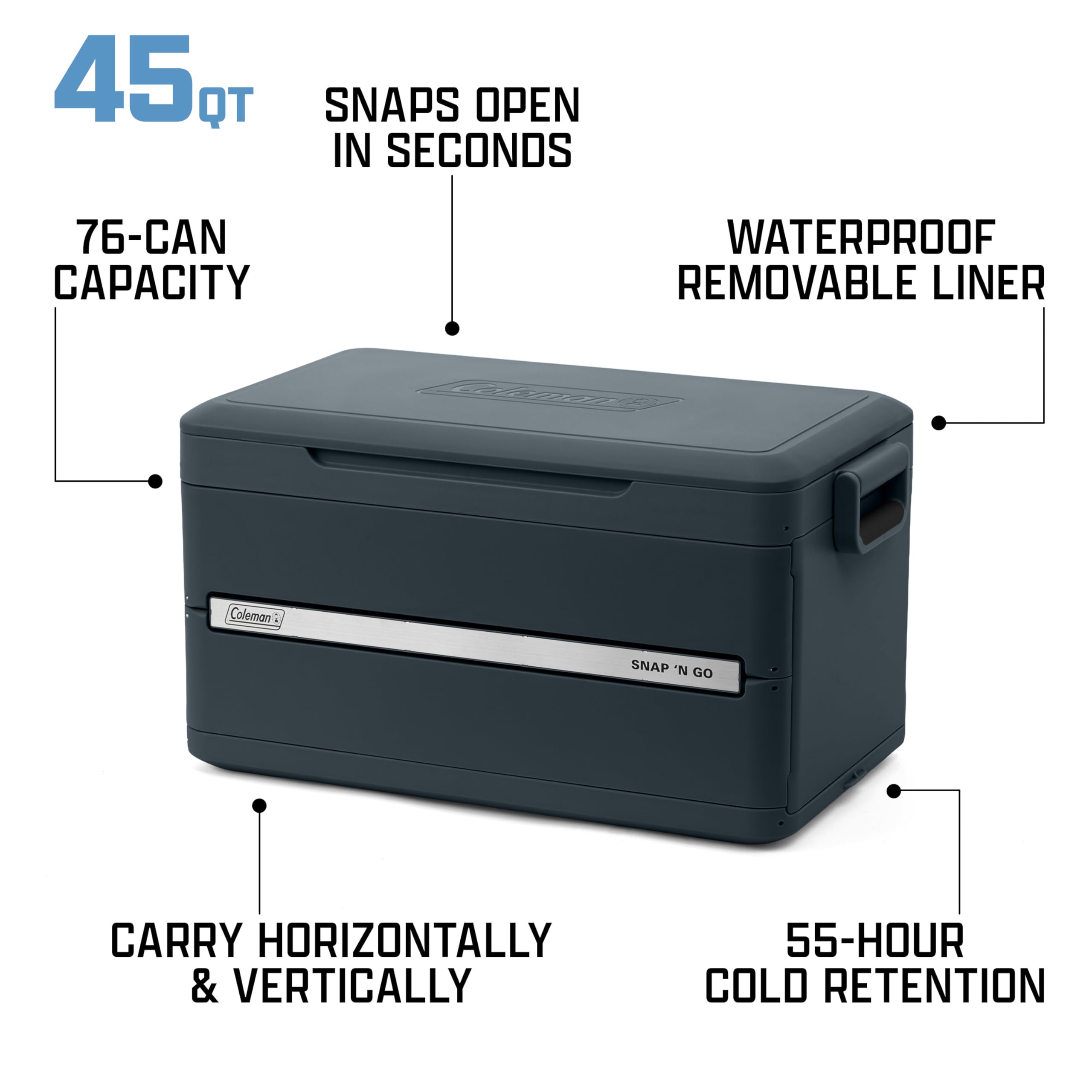 Coleman Snap N Go 45qt Collapsible Hard Cooler, Keeps ice Cold for up to 55 Hours, Holds up to 76 cans, Collapses up to 1/3 its Size, Can Hold up to 200 pounds, Blue Sky