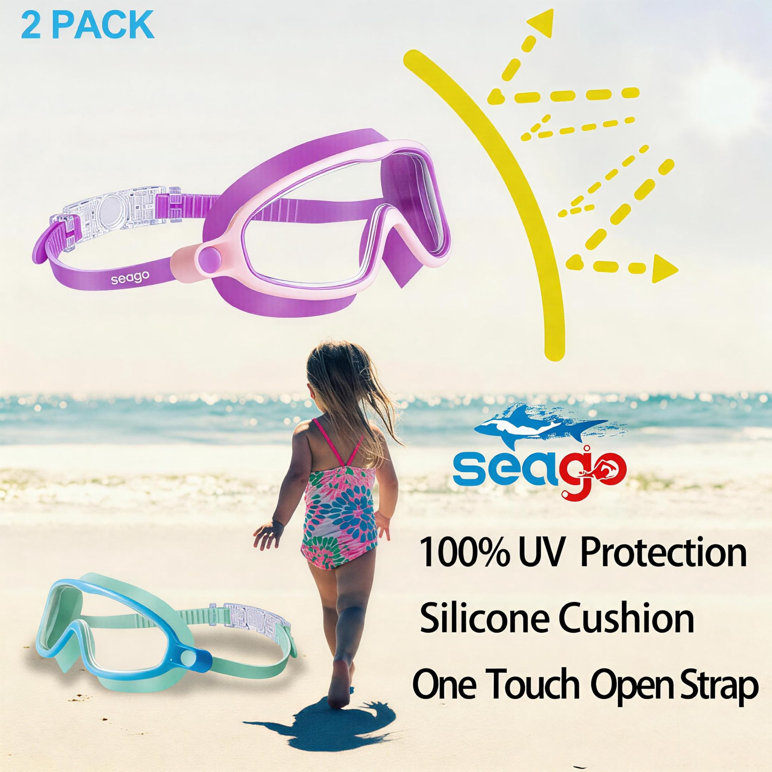 Seago Swim Goggles 2 Pack Anti-Fog Anti-UV Wide View Swimming Goggles for Kids 3-14