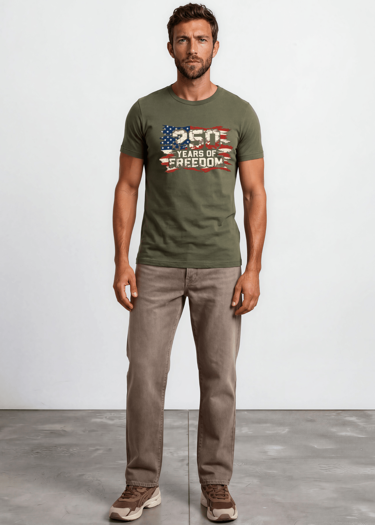 250 Years of FREEDOM Red White and Blue Distressed Flag - Army Green