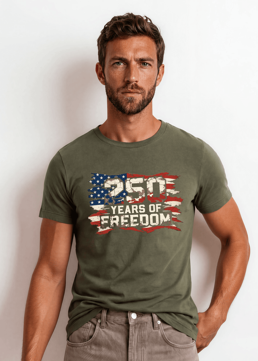 250 Years of FREEDOM Red White and Blue Distressed Flag - Army Green