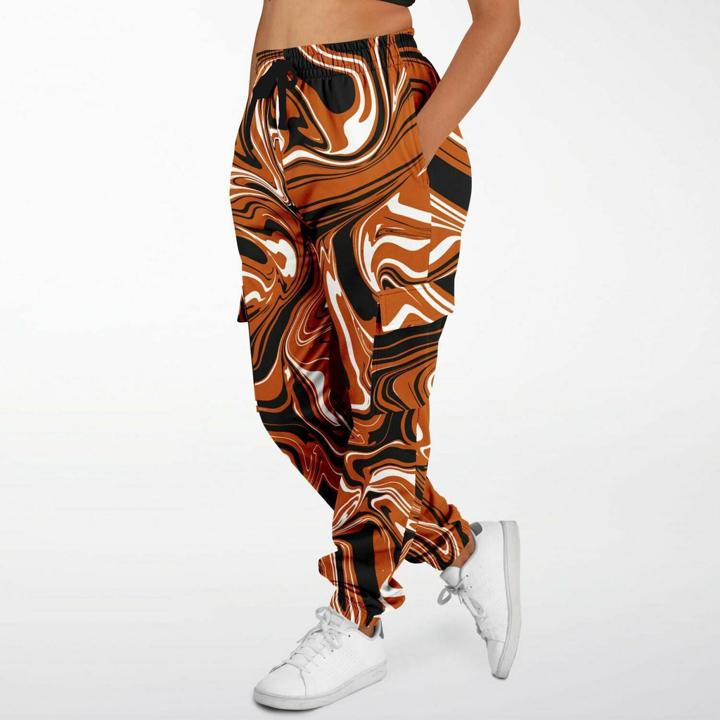 Burnt Orange, Black and White Abstract Melt Unisex Cargo Joggers (Fleece Lined)