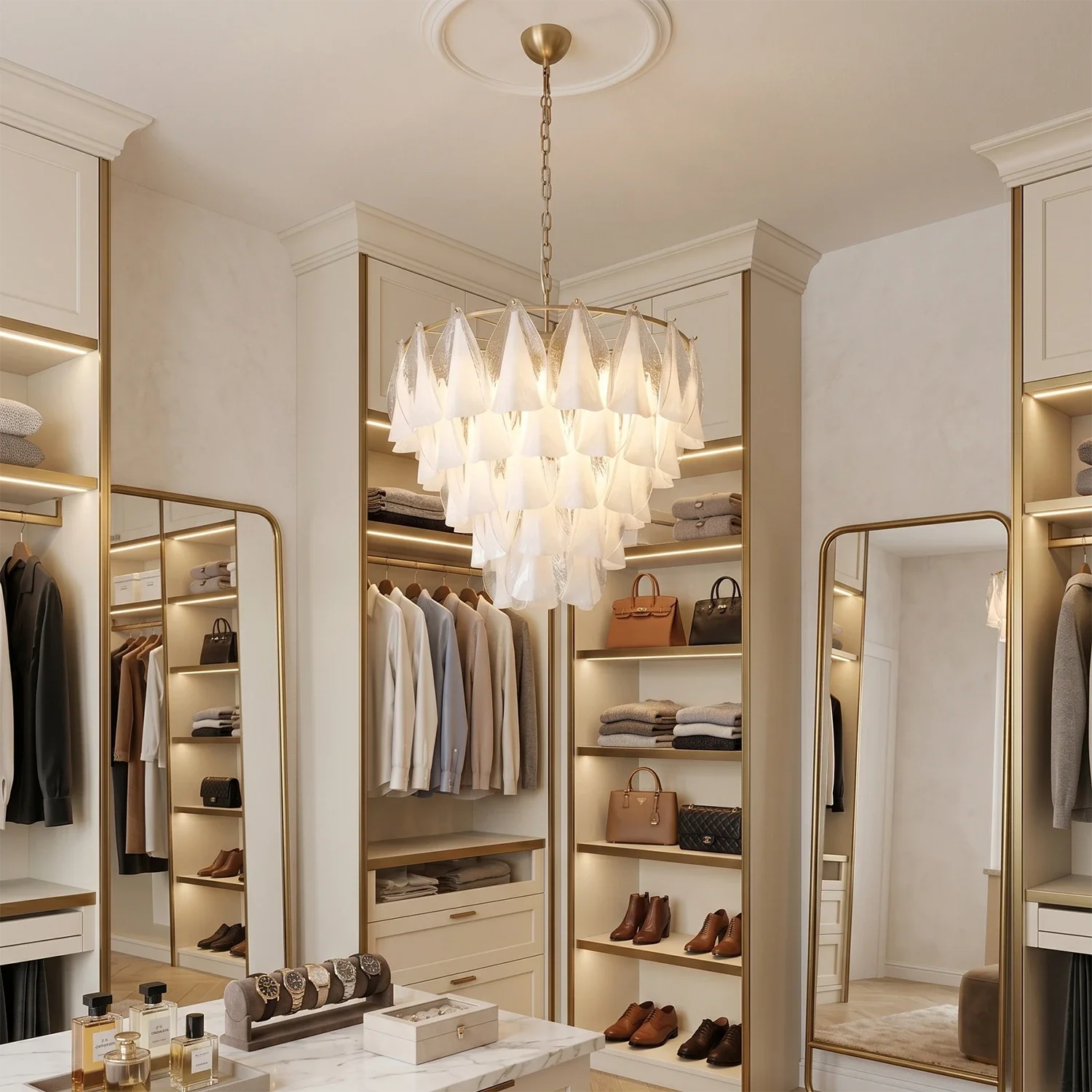 Modern Brass Tiered Glass Chandelier