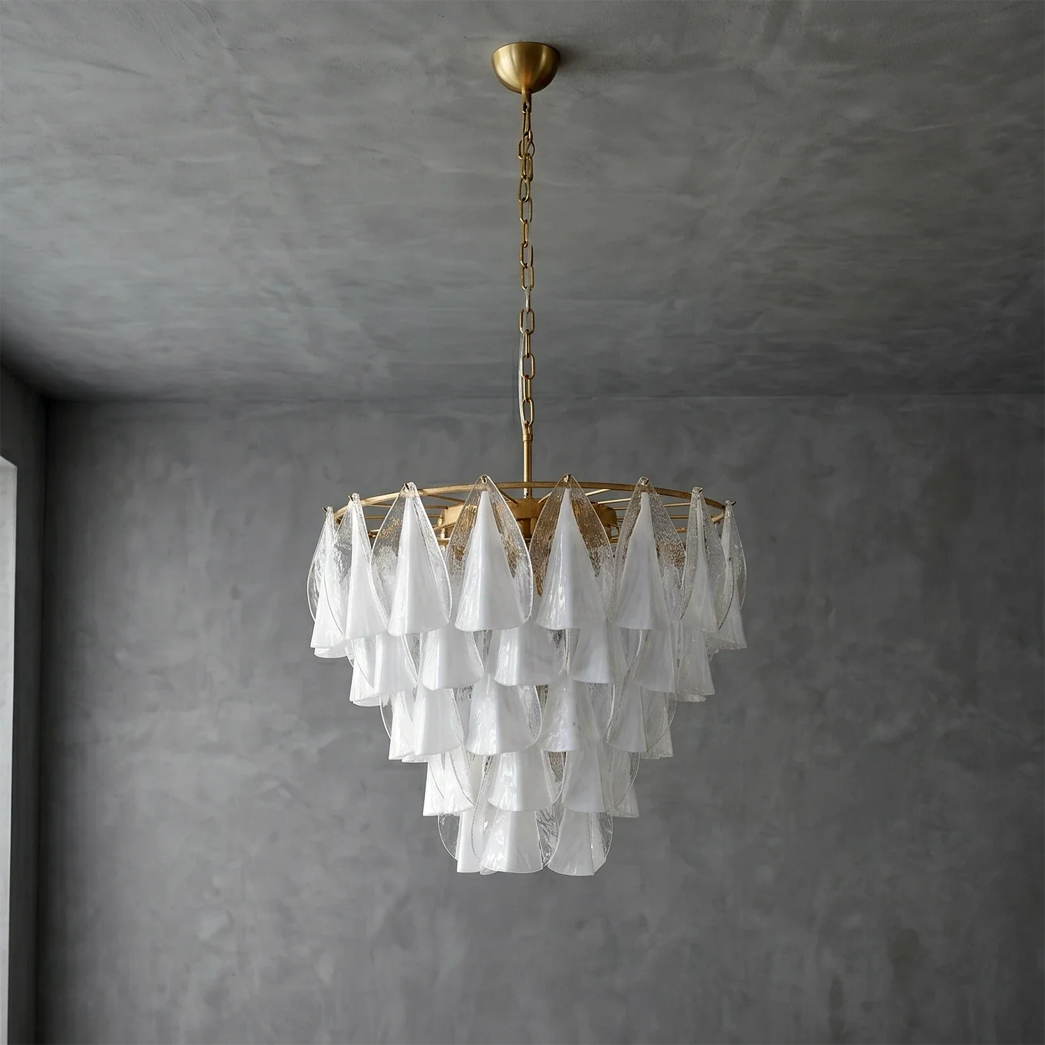 Modern Brass Tiered Glass Chandelier